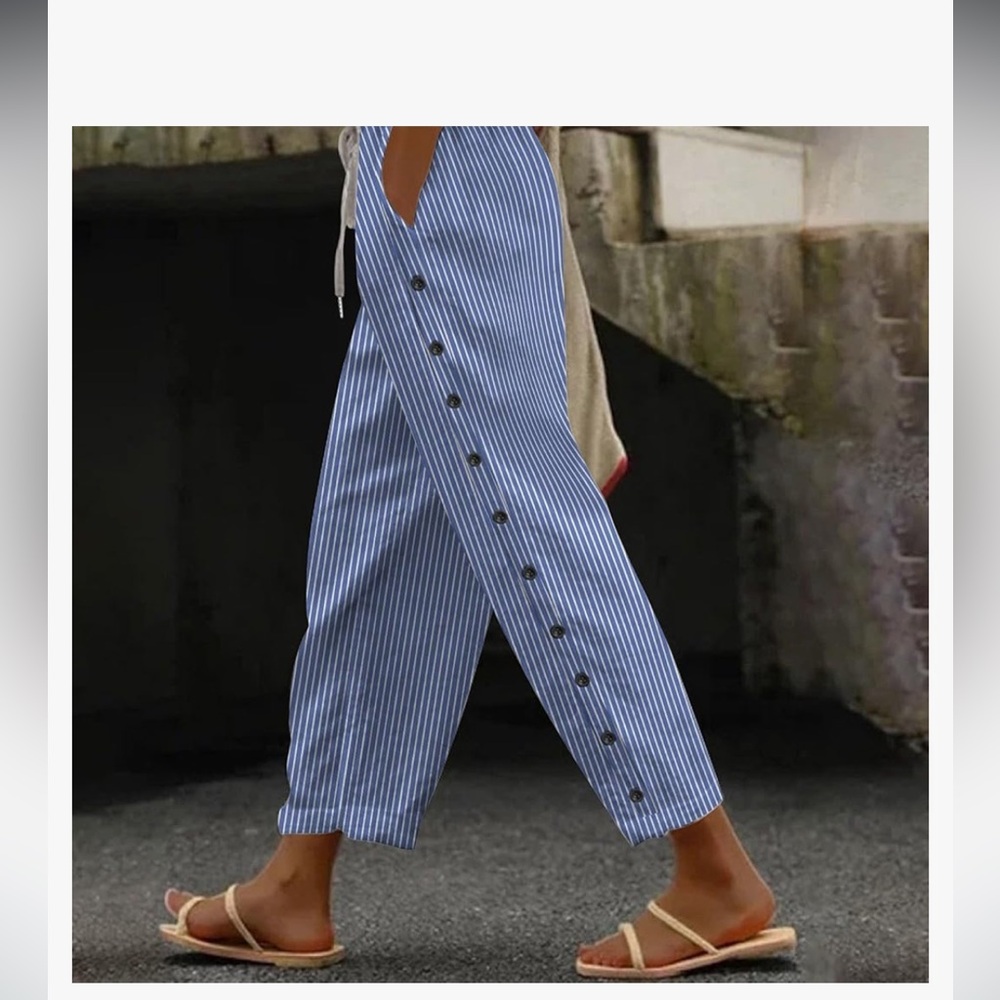 Striped Blue Button-wide leg Pants